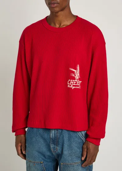 Cherry Los Angeles Hollywood Thermal Cropped Waffle-knit Cotton-blend T-shirt In Multi