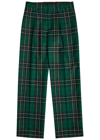 Jw Anderson Plaid Pleated Straight Leg Wool Trousers In Green