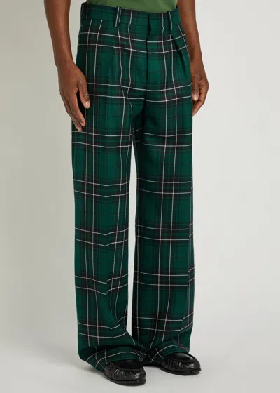 Jw Anderson Plaid Pleated Straight Leg Wool Trousers In Green