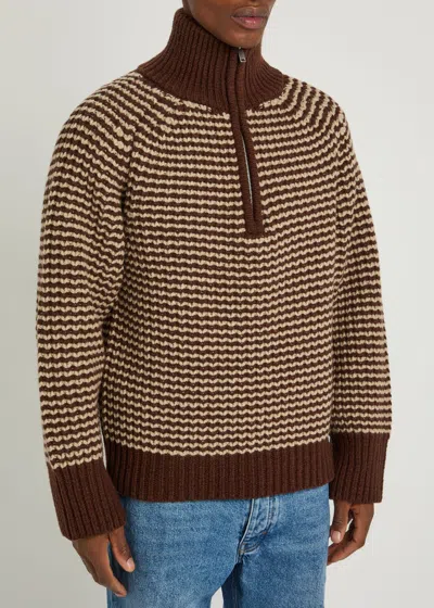 Studio Nicholson Striped Half-zip Wool Jumper In Brown