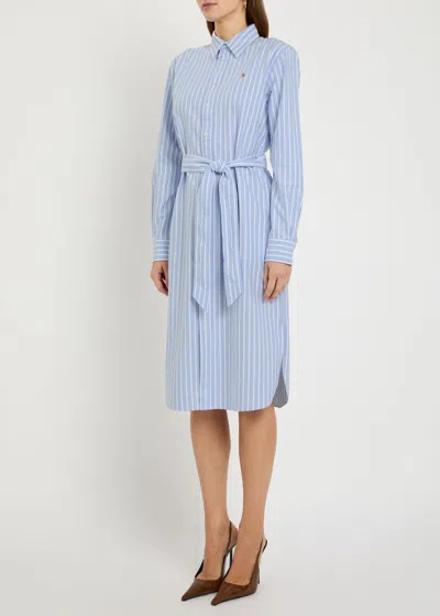 Polo Ralph Lauren Striped Belted Cotton Midi Shirt Dress In Blue