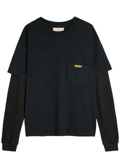 Cherry Los Angeles General Store Waffle-sleeve Cotton T-shirt In Black