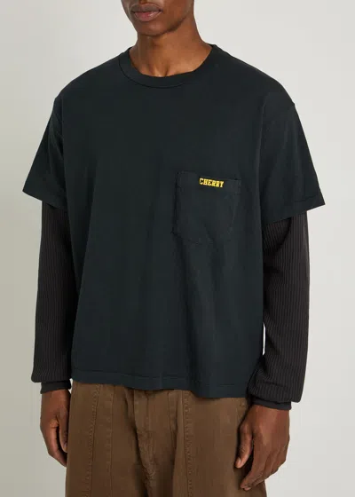 Cherry Los Angeles General Store Waffle-sleeve Cotton T-shirt In Black