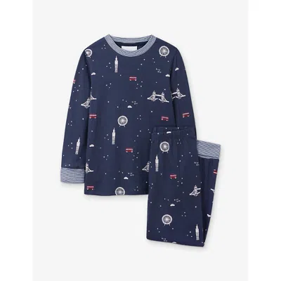 The Little White Company Navy London-print Glow-in-the-dark Cotton Pyjamas Set 2-12 In Blue