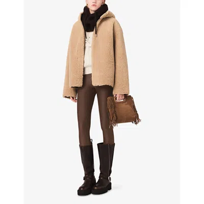 Maje Womens Camel Reversible Hooded Shearling-effect Coat In Brown