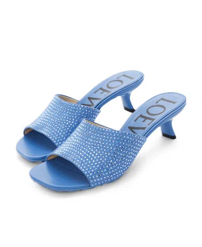 Loewe Petal Kitten Heel Slide In Suede And Crystals In Blue