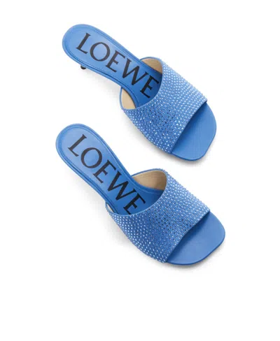 Loewe Petal Kitten Heel Slide In Suede And Crystals In Blue