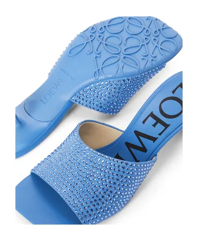 Loewe Petal Kitten Heel Slide In Suede And Crystals In Blue