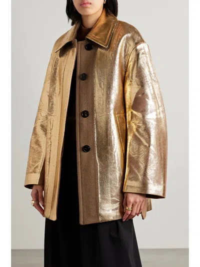 Dries Van Noten Casual Jacket With Belt And Metallic Coating In Gold