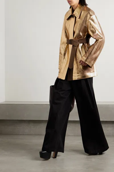 Dries Van Noten Casual Jacket With Belt And Metallic Coating In Gold