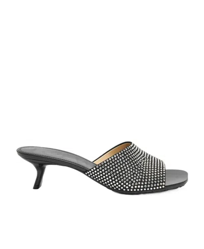 Loewe Petal Kitten Heel Slide In Suede And Rhinestones In Black