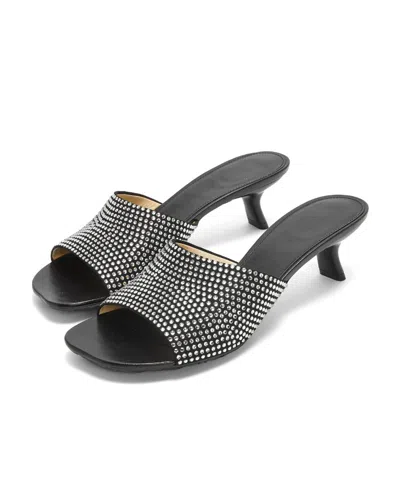Loewe Petal Kitten Heel Slide In Suede And Rhinestones In Black