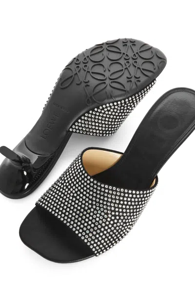 Loewe Petal Kitten Heel Slide In Suede And Rhinestones In Black