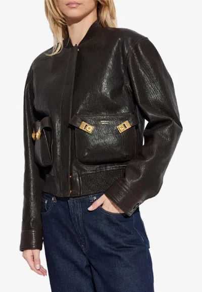 Ferragamo Cropped Leather Bomber Jacket In Brown