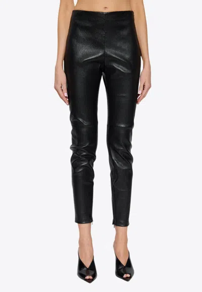 Versace Plongé Leather Leggings With Debossed-logo In Black