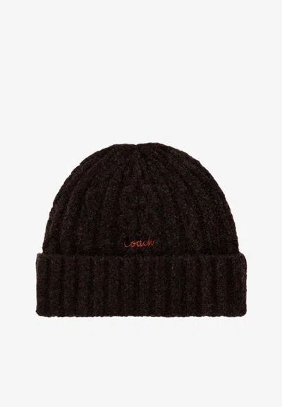 Coach Cable-knit Logo Beanie In Brown