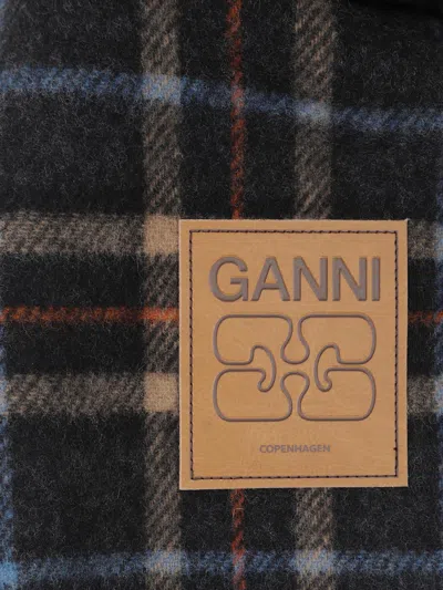 Ganni Double Face Wool Check Scarf In Black