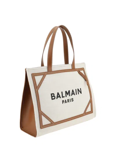 Balmain B-army 42 Canvas Tote Bag With Leather Details In White
