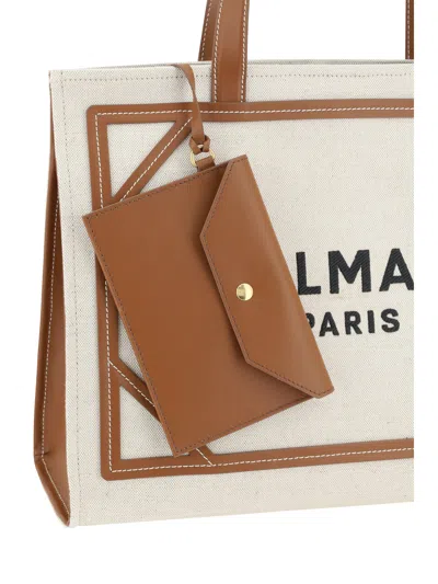 Balmain B-army 42 Canvas Tote Bag With Leather Details In White