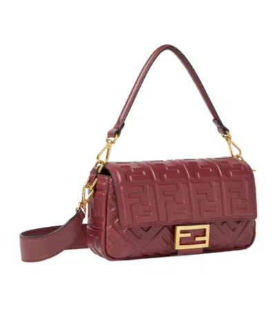 Fendi Women Baguette Leather Crossbody Bag In Burgundy