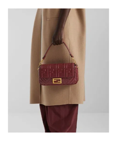 Fendi Women Baguette Leather Crossbody Bag In Burgundy