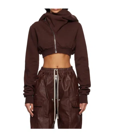 Rick Owens Drkshdw Cowl-neck Zip-front Cropped Sweatshirt In Brown