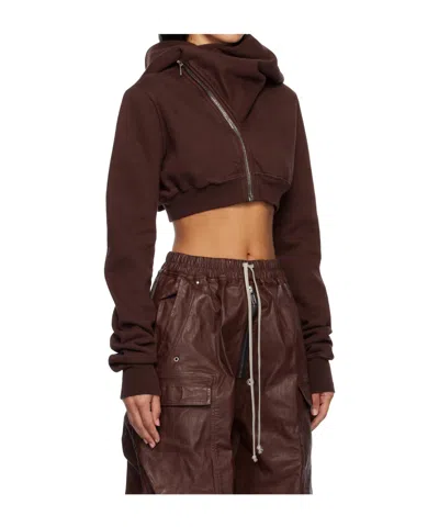 Rick Owens Drkshdw Cowl-neck Zip-front Cropped Sweatshirt In Brown