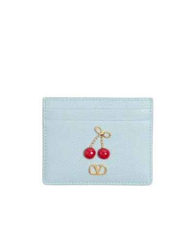 Valentino Cherryfic Grainy Calfskin Cardholder In Blue