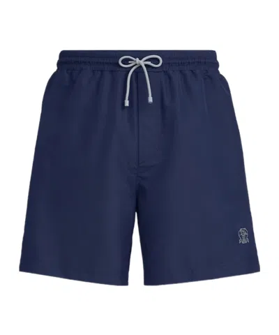 Brunello Cucinelli Straight-leg Mid-length Logo-embroidered Swim Shorts In Blue