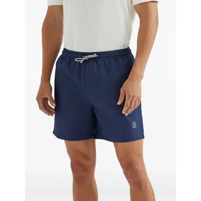 Brunello Cucinelli Straight-leg Mid-length Logo-embroidered Swim Shorts In Blue