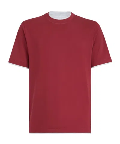 Brunello Cucinelli Coral Cotton Faux Layering T-shirt In Red