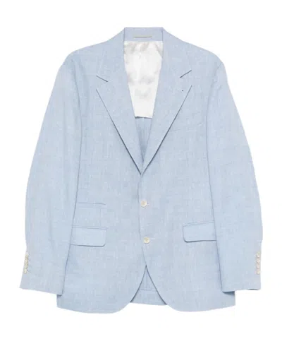 Brunello Cucinelli Linen And Wool Chevron Blazer Light Blue In Blue