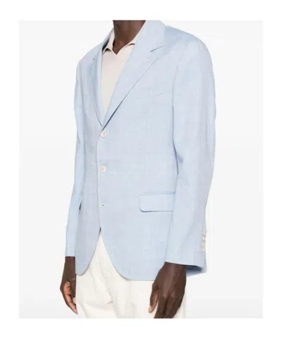 Brunello Cucinelli Linen And Wool Chevron Blazer Light Blue In Blue