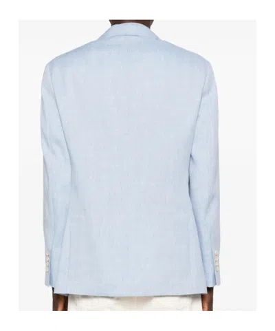 Brunello Cucinelli Linen And Wool Chevron Blazer Light Blue In Blue