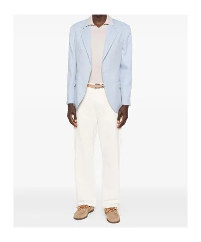 Brunello Cucinelli Linen And Wool Chevron Blazer Light Blue In Blue