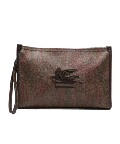 Etro Large Paisley Pouch With Pegaso Detail In Brown