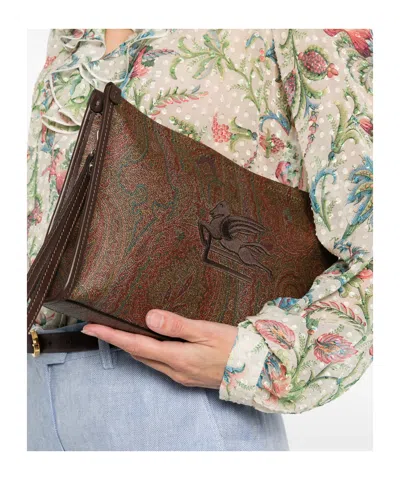 Etro Large Paisley Pouch With Pegaso Detail In Brown