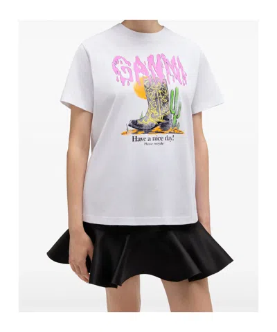 Ganni Graphic Print Relaxed Fit Short Sleeve Top In White