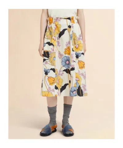 Marni Cream Poplin Elasticated Midi Skirt With Melodia Print In Multi
