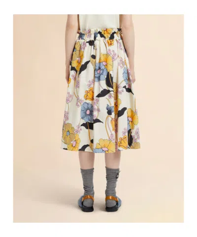 Marni Cream Poplin Elasticated Midi Skirt With Melodia Print In Multi