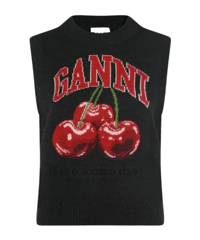 Ganni Sleeveless Intarsia Knit Crew Neck Top In Black