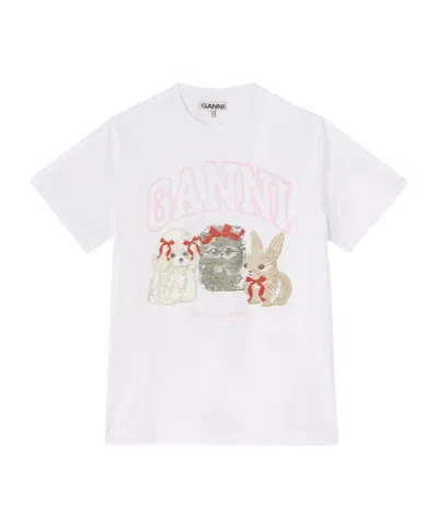 Ganni Graphic Print Crew Neck Short Sleeve Top In White