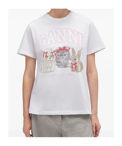 Ganni Graphic Print Crew Neck Short Sleeve Top In White