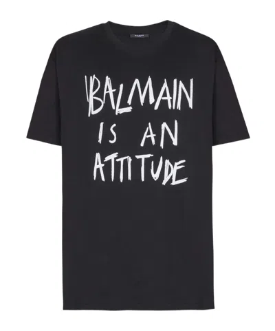 Balmain Crew Neck T Shirt Graphic Print Silk In Black