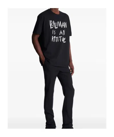 Balmain Crew Neck T Shirt Graphic Print Silk In Black