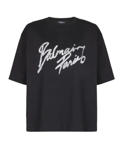 Balmain Short Sleeve Crew Neck Nylon Silk Top In Black