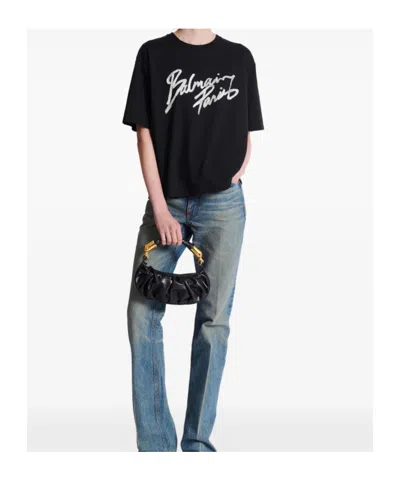 Balmain Short Sleeve Crew Neck Nylon Silk Top In Black