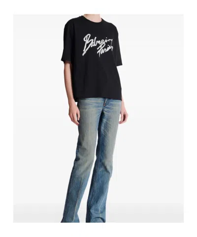 Balmain Short Sleeve Crew Neck Nylon Silk Top In Black