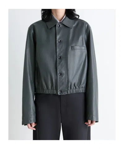 Lemaire Buttoned-up Elasticated Leather Jacket In Gray