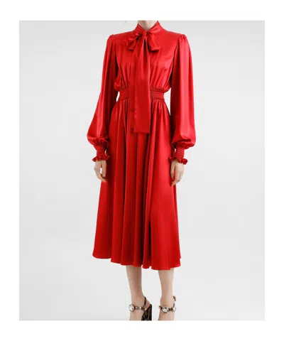 Dolce & Gabbana Silk Pussybow Midi Dress In Red